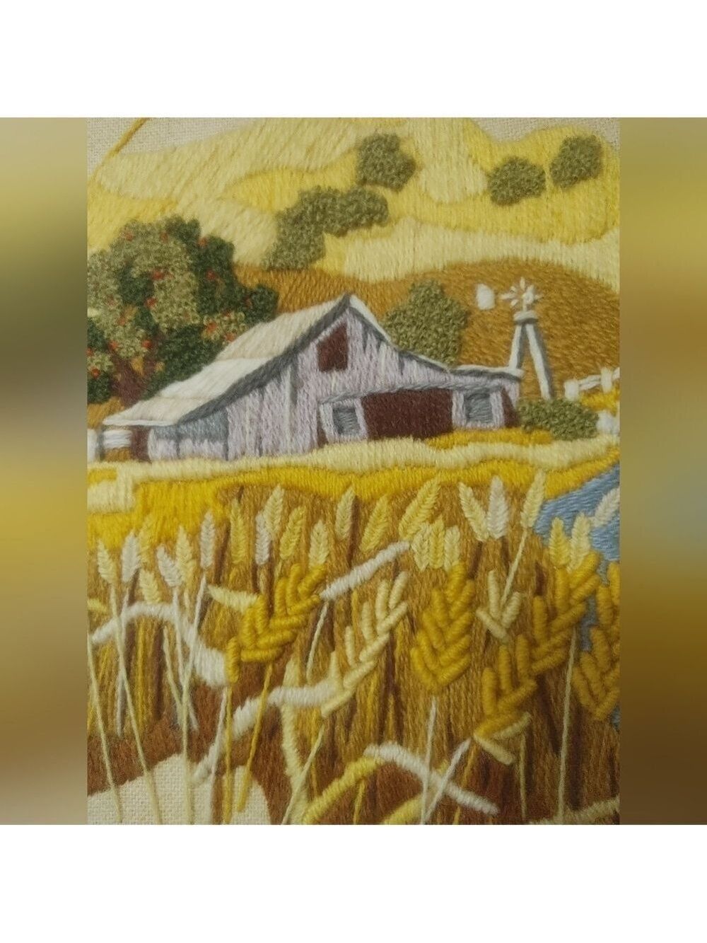 Handmade Custom Framed Crewel Rustic Farm Landscape Embroidery Art